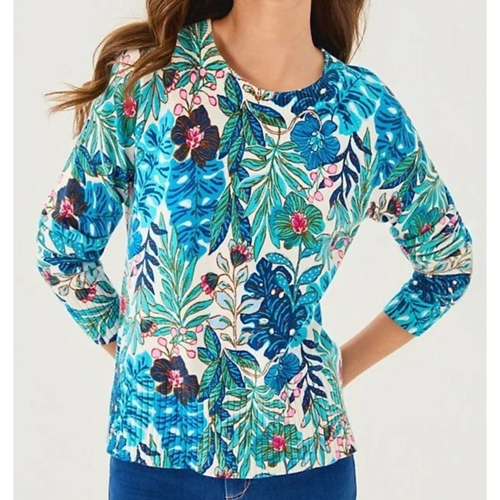 Lilly Pulitzer Salima Sweater Women Size S Breezy Aqua Raglan Knit Crew Neck EUC